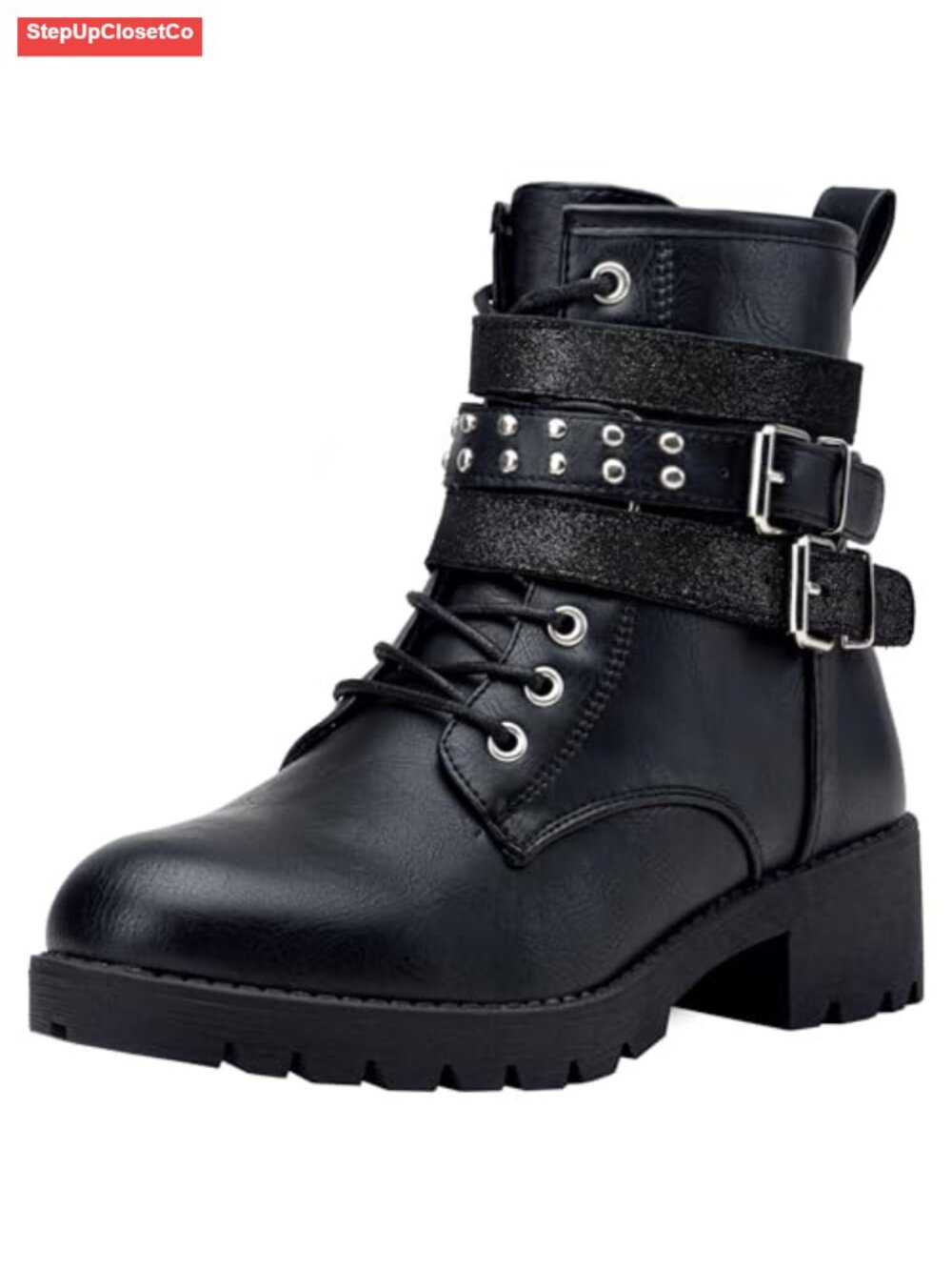 Women's Lace Up Combat Ankle Boots with Zipper and Lug Sole
